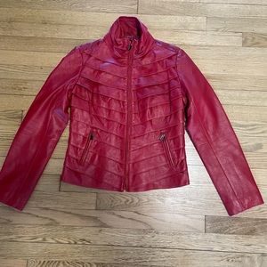 NEIMAN MARCUS EXCLUSIVE - Red Tiered Leather Biker Jacket